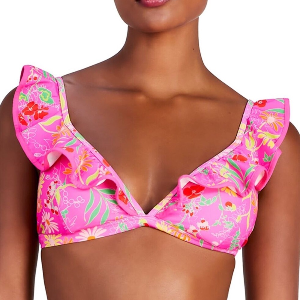 Kate Spade New York‎ L67756 Rooftop Garden Ruffled-V-Neck Bikini Top Pink NWT